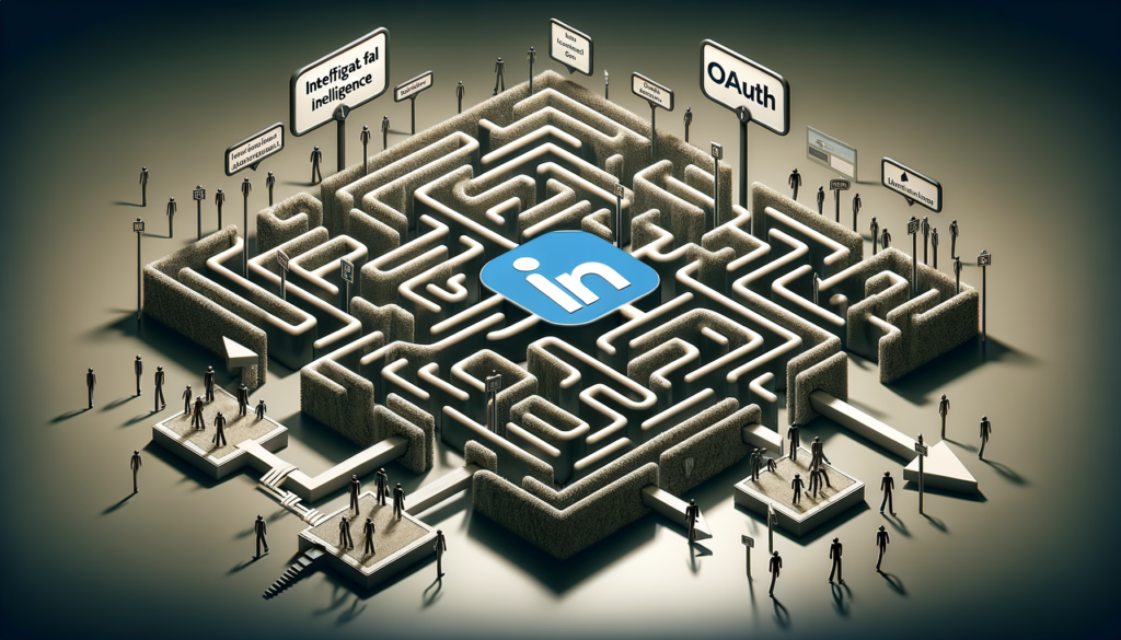 An illustration of a person navigating through LinkedIn's API integration challenges with AI assistance.